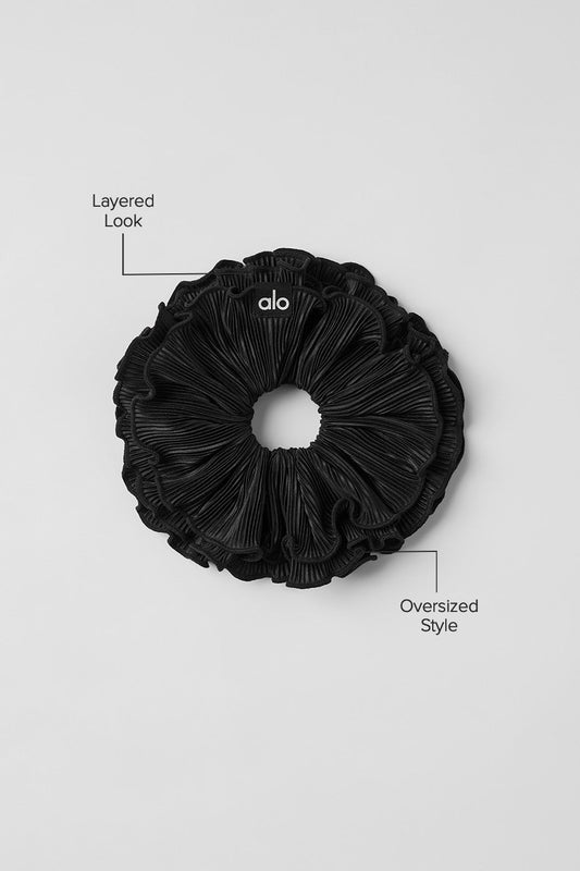 Micro Plisse Oversize Scrunchie — Black