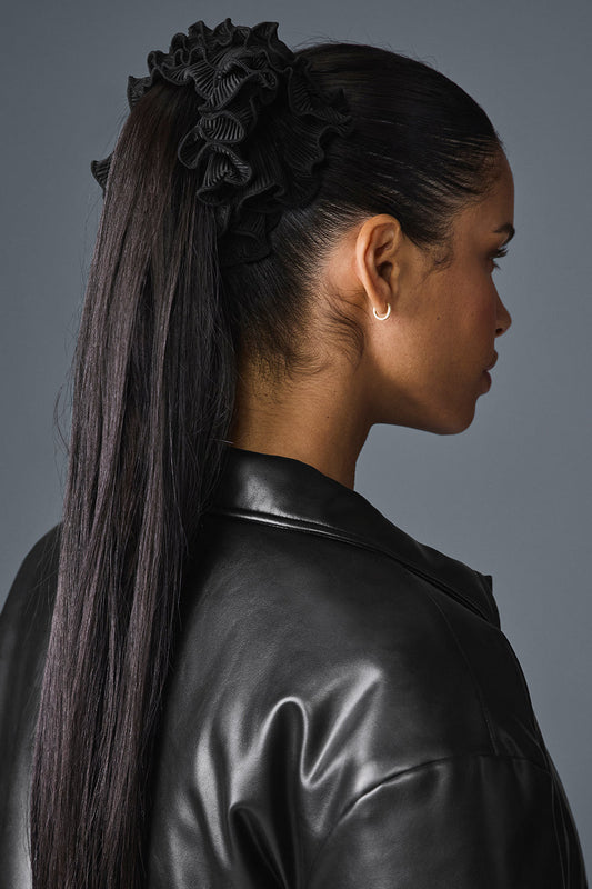 Micro Plisse Oversize Scrunchie — Black