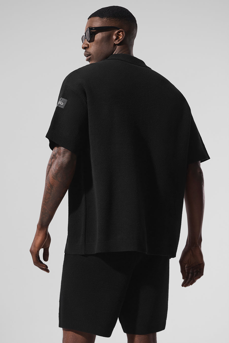 Sports Club Sweater Knit Shorts‑Sleeve Button Up — Black