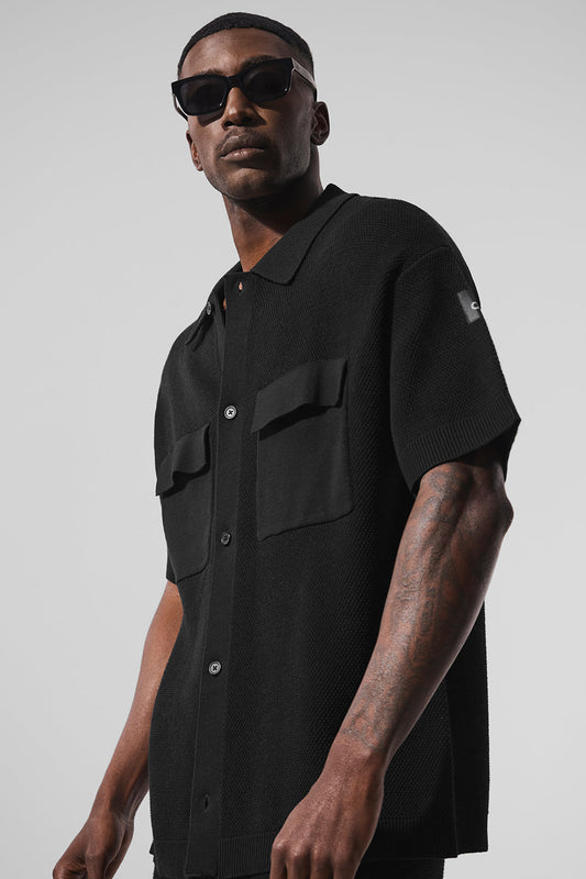 Sports Club Sweater Knit Shorts‑Sleeve Button Up — Black