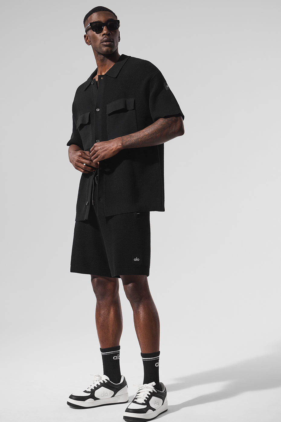 Sports Club Sweater Knit Shorts‑Sleeve Button Up — Black