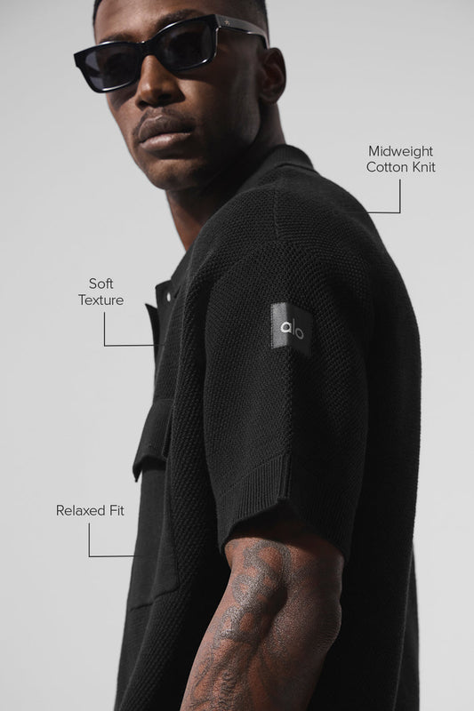 Sports Club Sweater Knit Shorts‑Sleeve Button Up — Black
