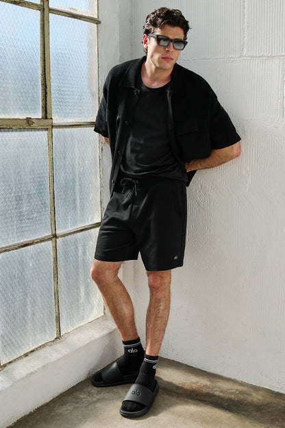 Sports Club Sweater Knit Shorts‑Sleeve Button Up — Black