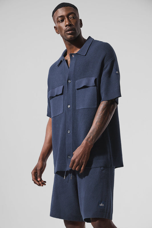 Sports Club Sweater Knit Shorts‑Sleeve Button Up — Navy