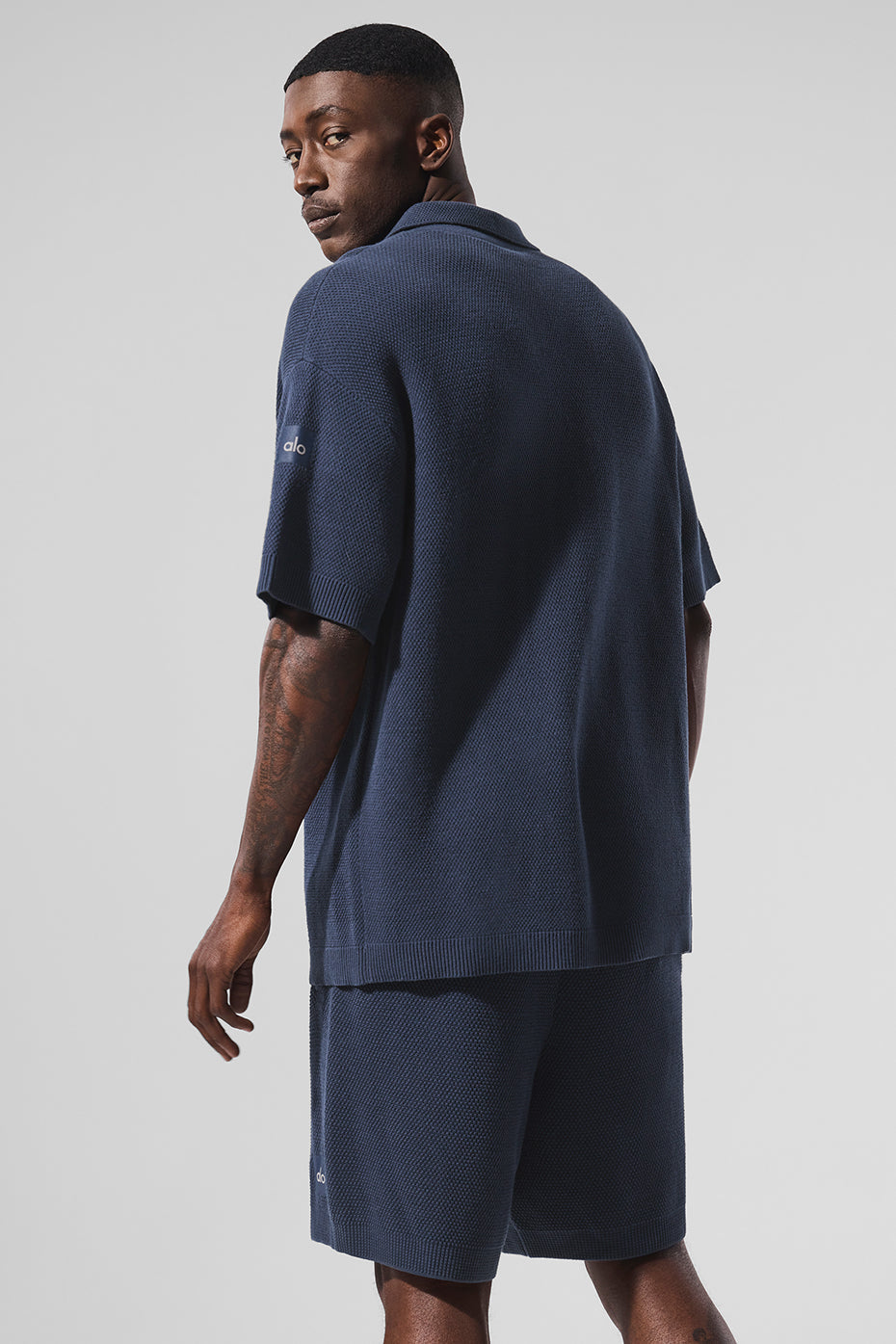 Sports Club Sweater Knit Shorts‑Sleeve Button Up — Navy
