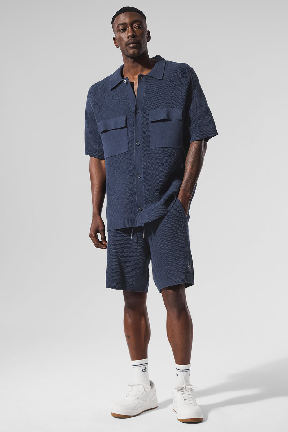Sports Club Sweater Knit Shorts‑Sleeve Button Up — Navy