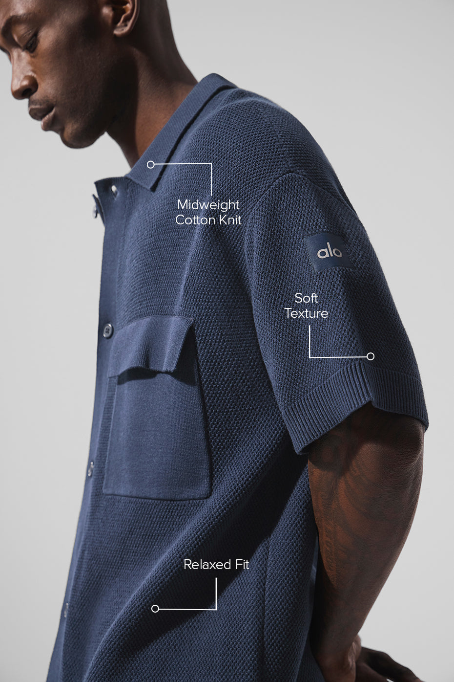 Sports Club Sweater Knit Shorts‑Sleeve Button Up — Navy
