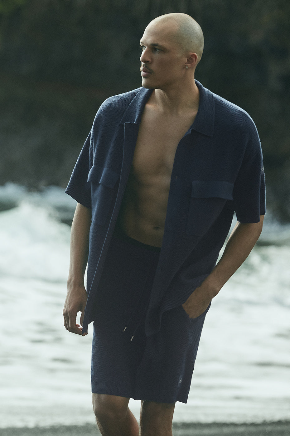 Sports Club Sweater Knit Shorts‑Sleeve Button Up — Navy