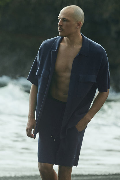 Sports Club Sweater Knit Shorts‑Sleeve Button Up — Navy