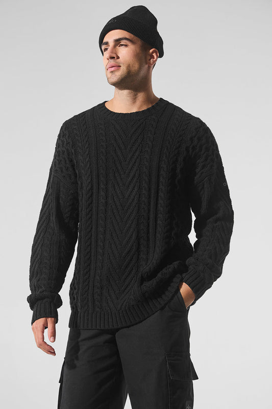 Cable Knit Crew Neck Sweater — Black