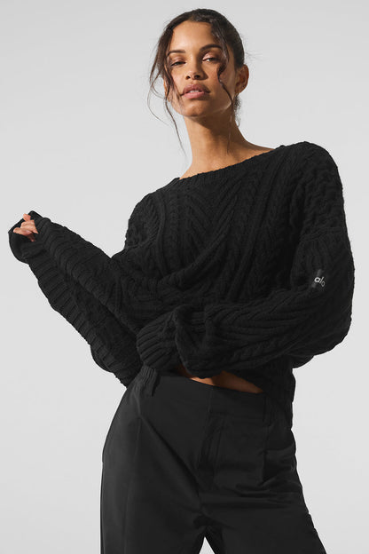 Cable Knit Crew Neck Sweater — Black