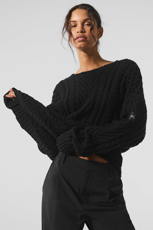 Cable Knit Crew Neck Sweater — Black