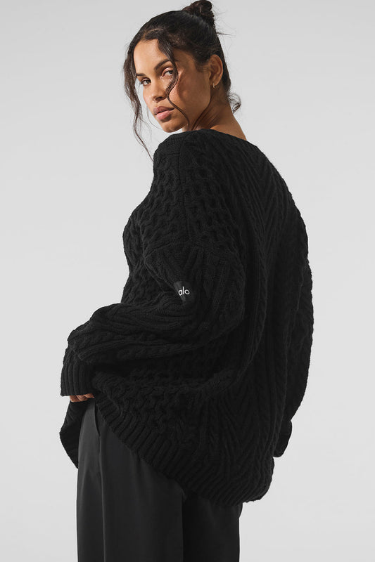 Cable Knit Crew Neck Sweater — Black