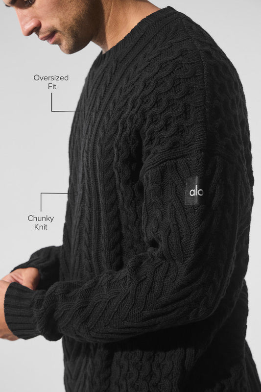 Cable Knit Crew Neck Sweater — Black