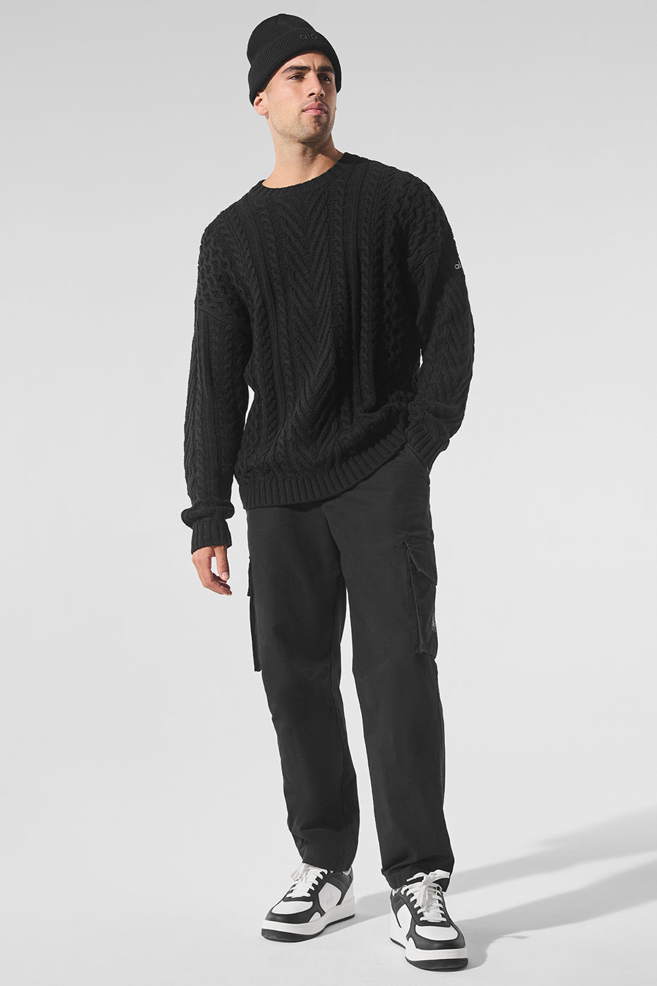 Cable Knit Crew Neck Sweater — Black