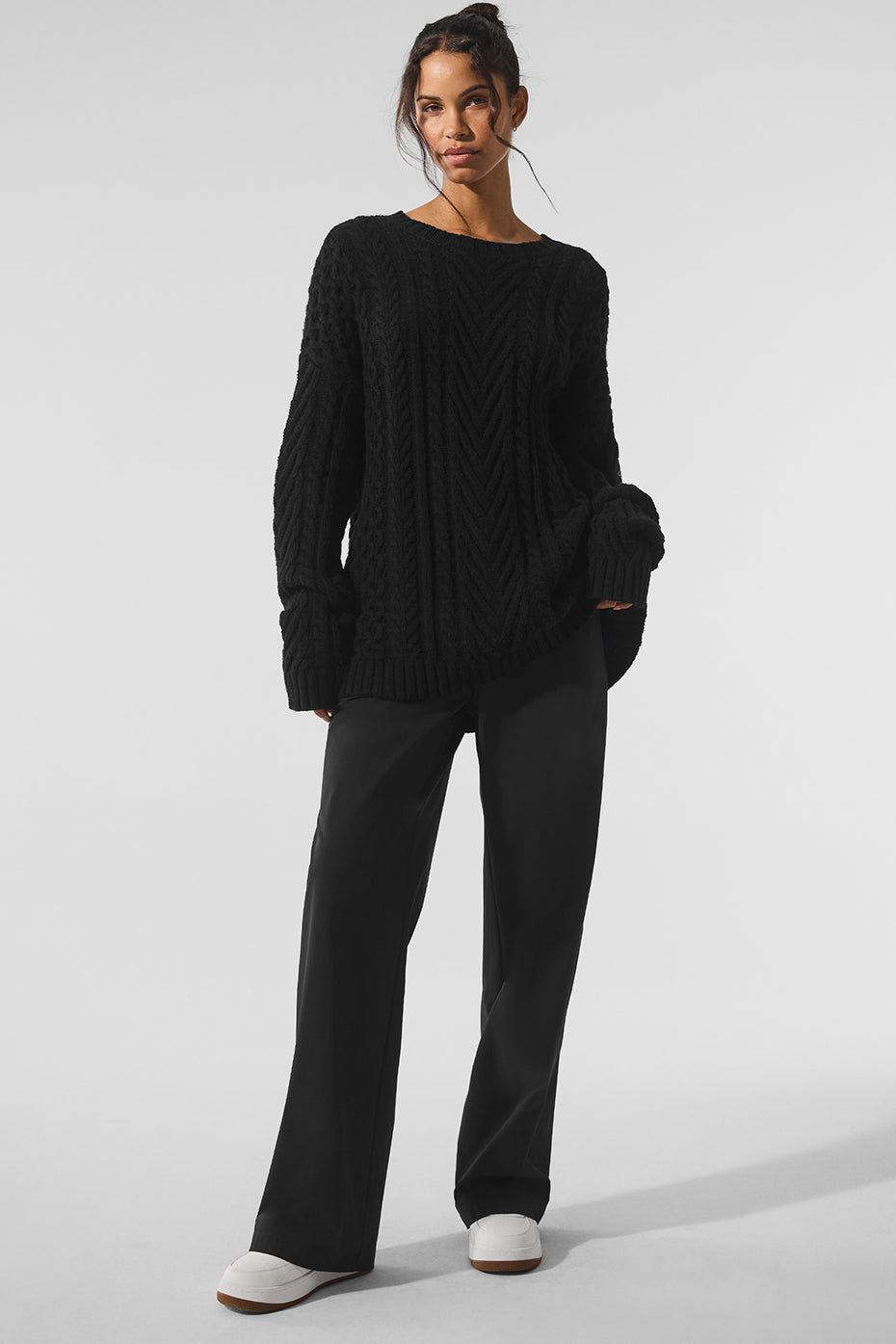 Cable Knit Crew Neck Sweater — Black