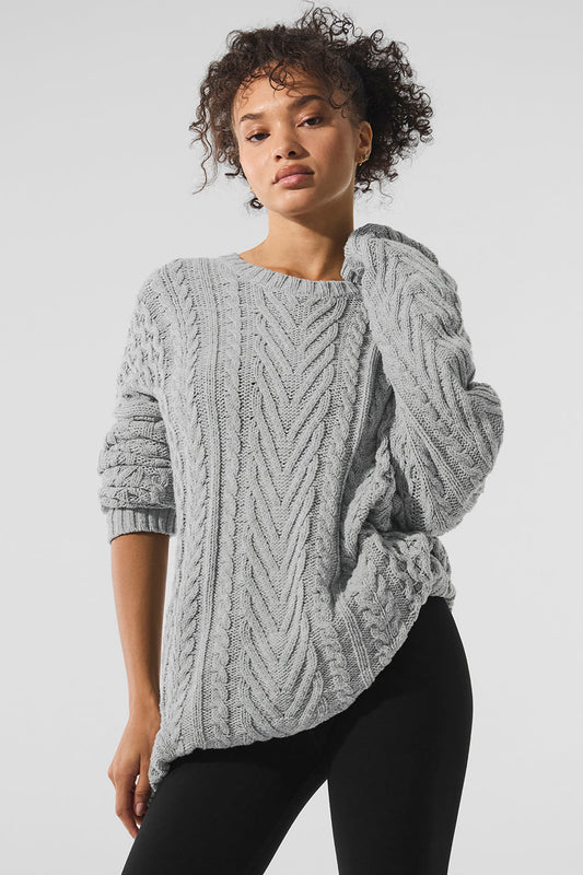 Cable Knit Crew Neck Sweater — Athletic Heather Grey