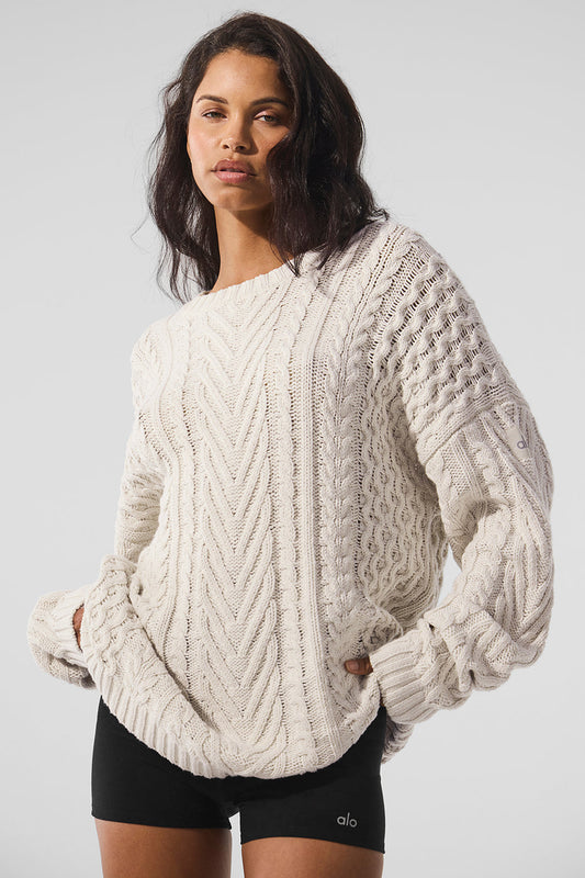 Cable Knit Crew Neck Sweater — Bone