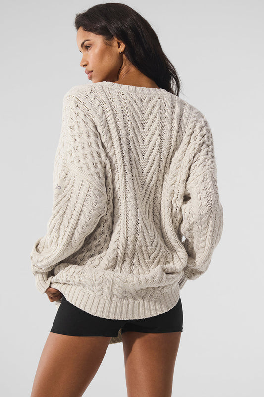Cable Knit Crew Neck Sweater — Bone