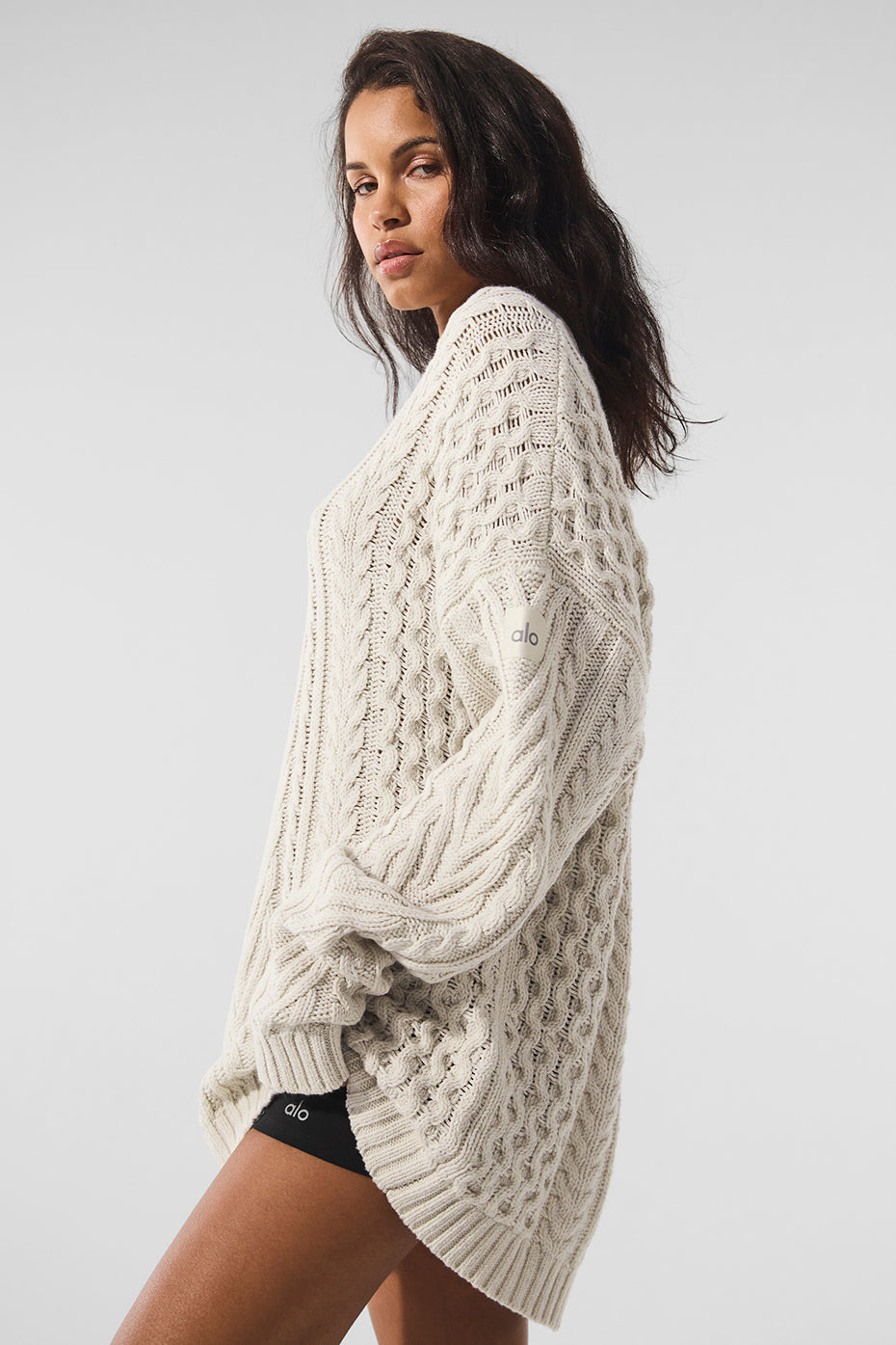 Cable Knit Crew Neck Sweater — Bone