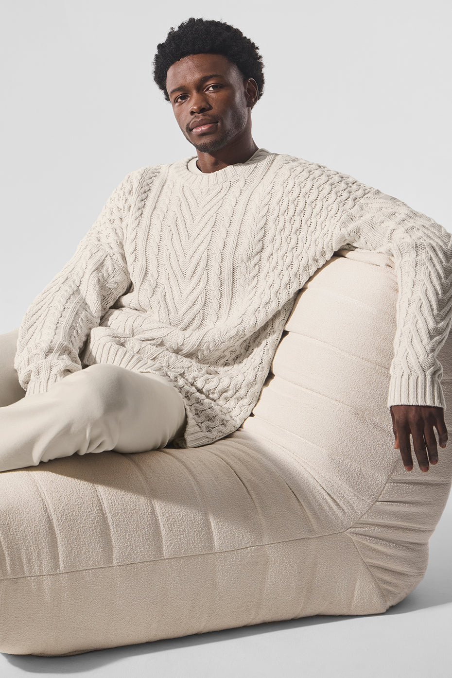 Cable Knit Crew Neck Sweater — Bone