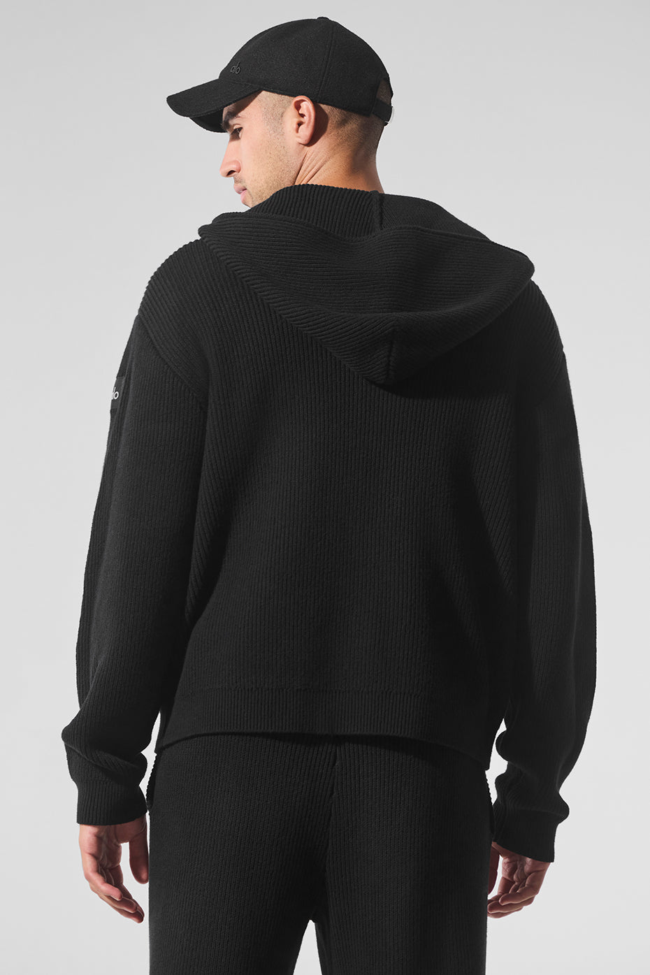 Domain Rib Knit Full Zip Sweater — Black