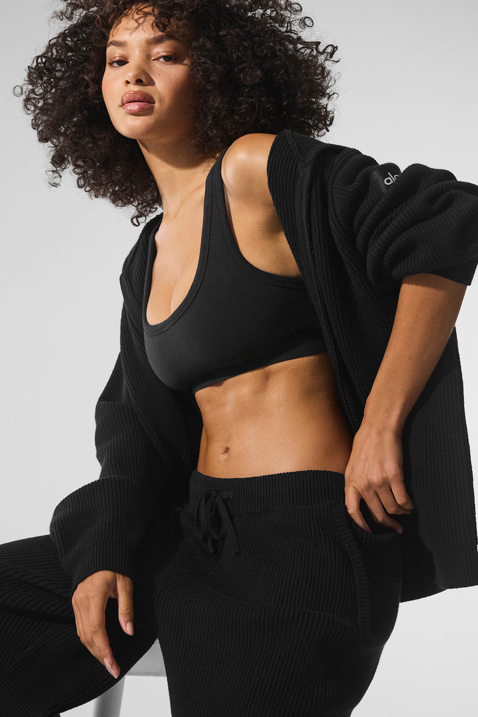 Domain Rib Knit Full Zip Sweater — Black