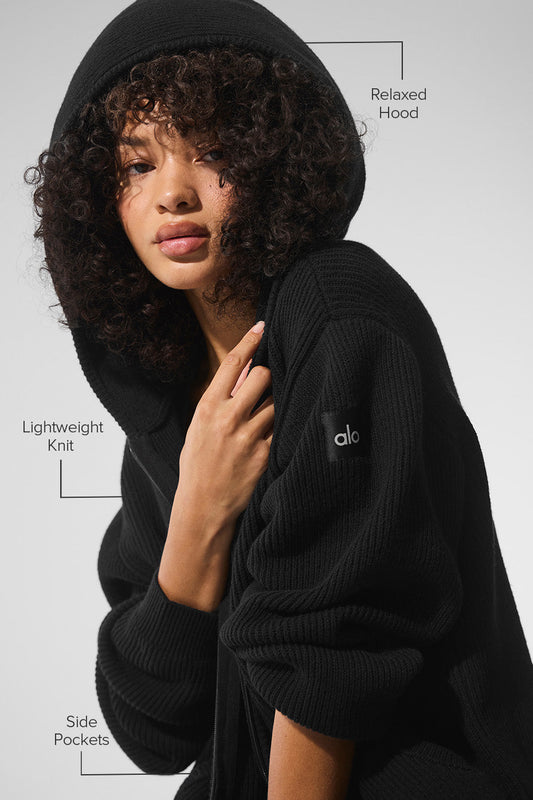 Domain Rib Knit Full Zip Sweater — Black
