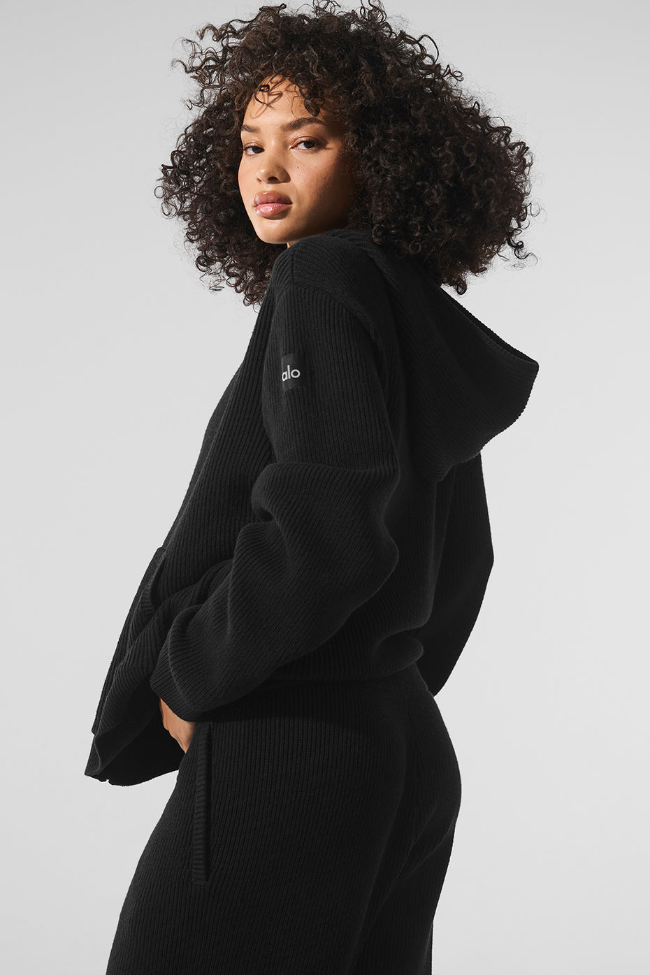 Domain Rib Knit Full Zip Sweater — Black