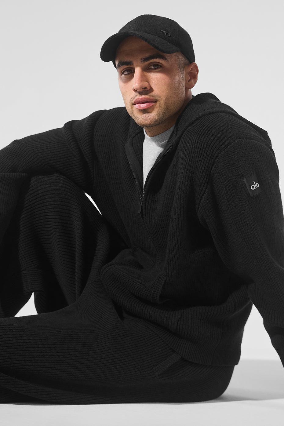 Domain Rib Knit Full Zip Sweater — Black