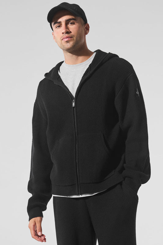 Domain Rib Knit Full Zip Sweater — Black