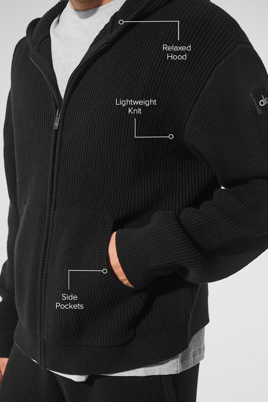 Domain Rib Knit Full Zip Sweater — Black