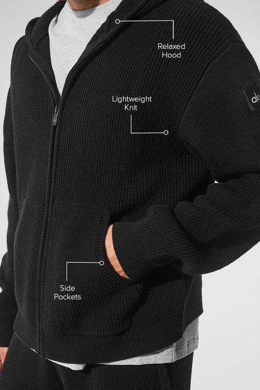 Domain Rib Knit Full Zip Sweater — Black