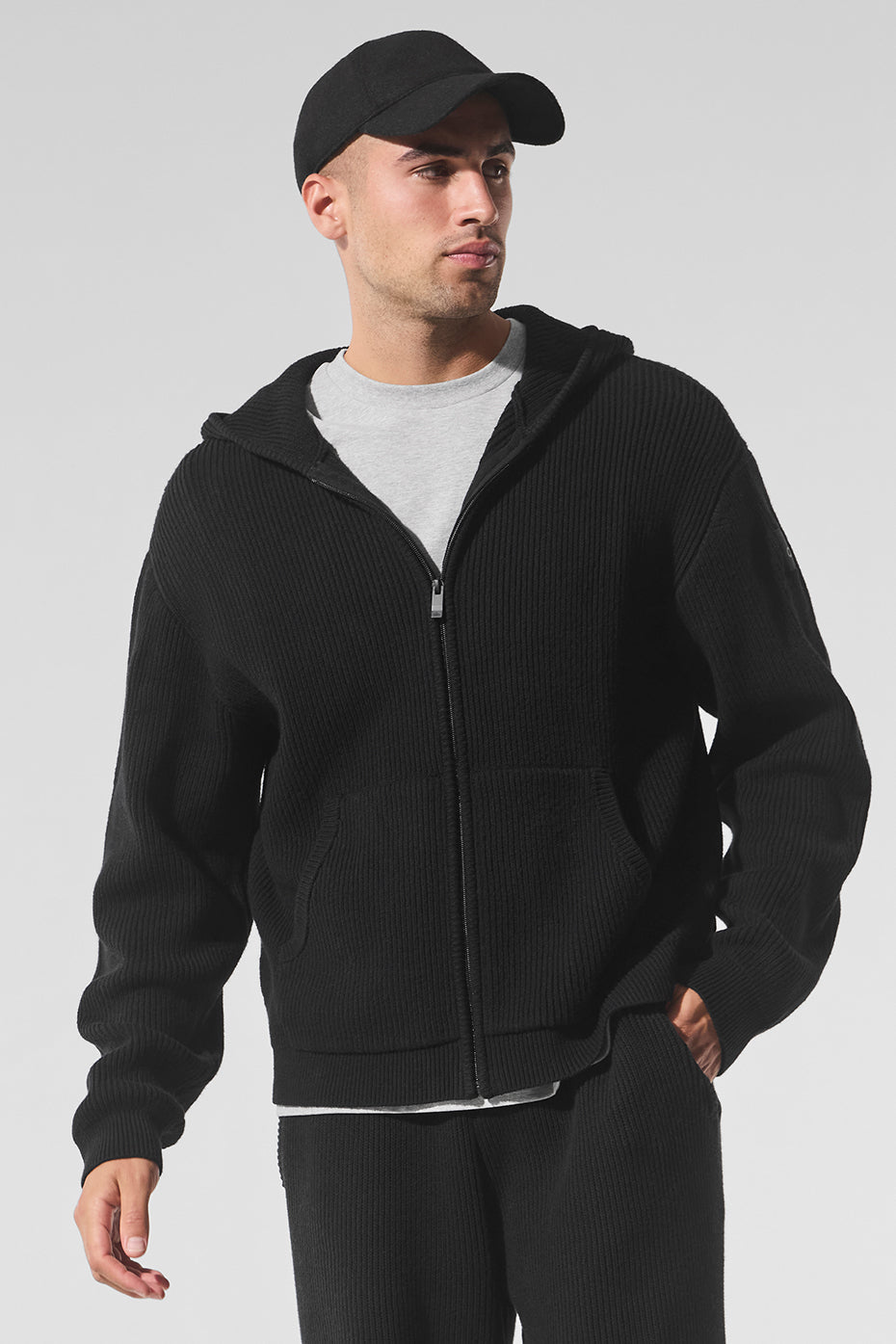 Domain Rib Knit Full Zip Sweater — Black