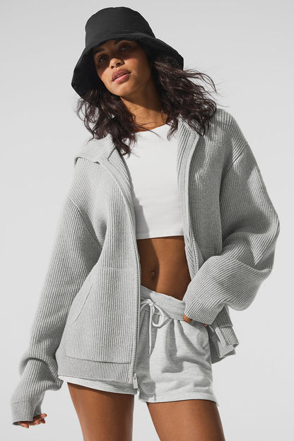 Domain Rib Knit Full Zip Sweater — Athletic Heather Grey