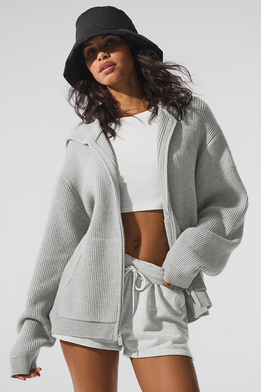 Domain Rib Knit Full Zip Sweater — Athletic Heather Grey
