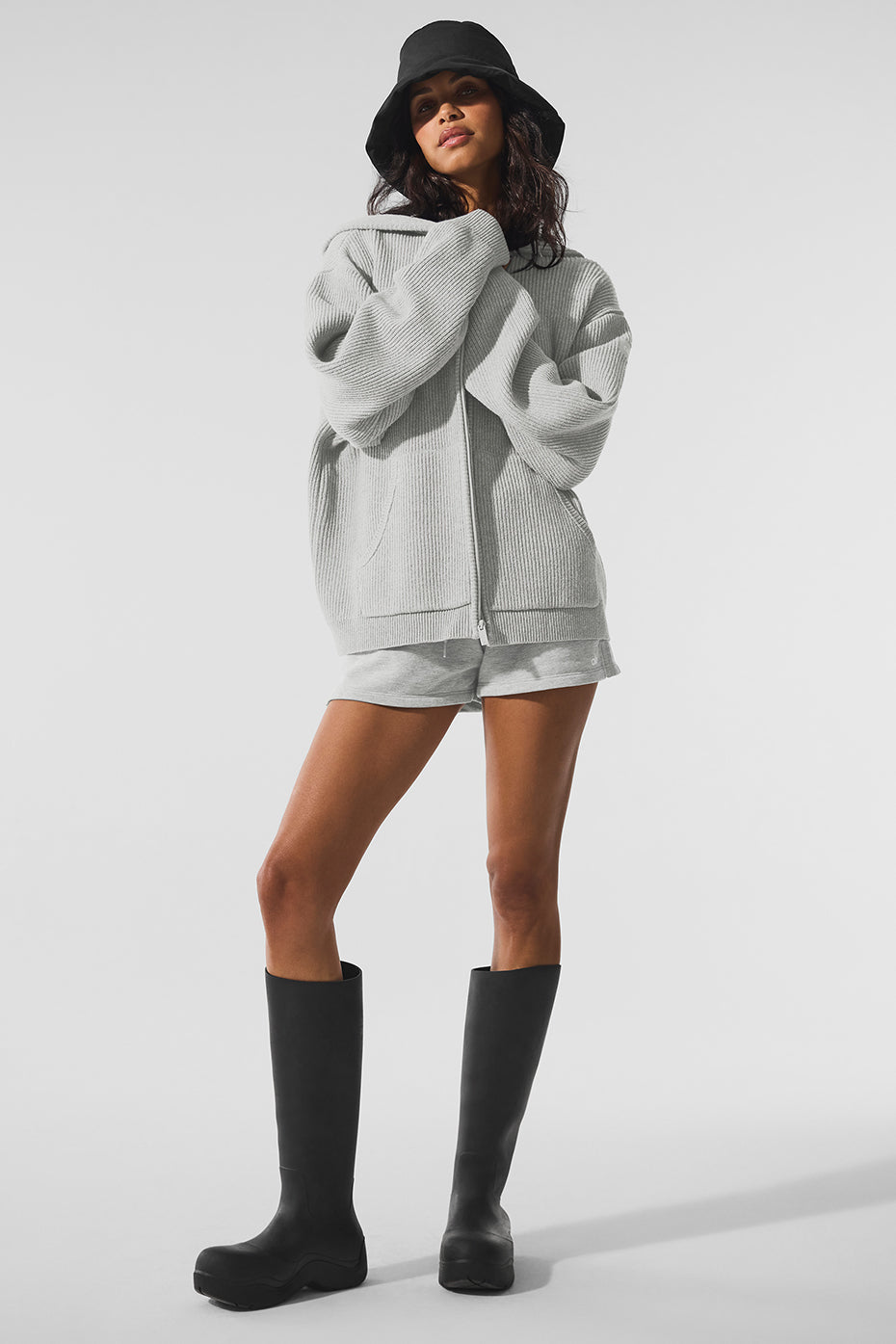 Domain Rib Knit Full Zip Sweater — Athletic Heather Grey