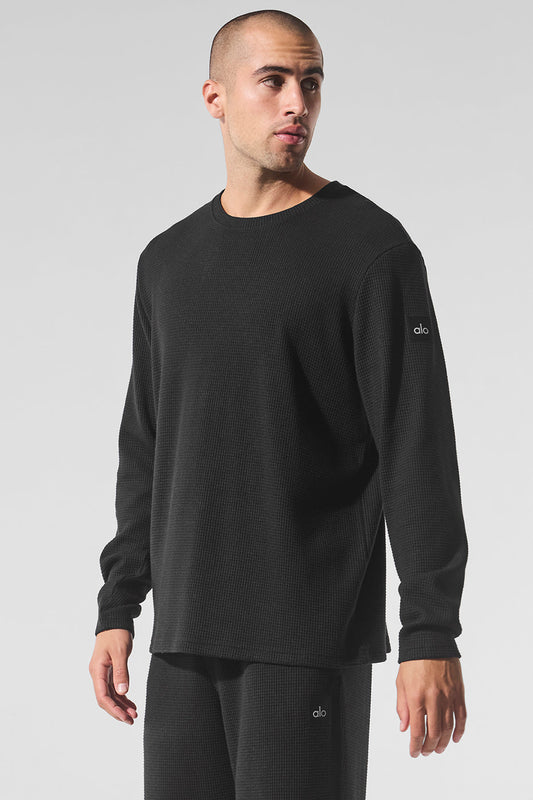 Elevate Waffle Long‑Sleeve Crew — Black