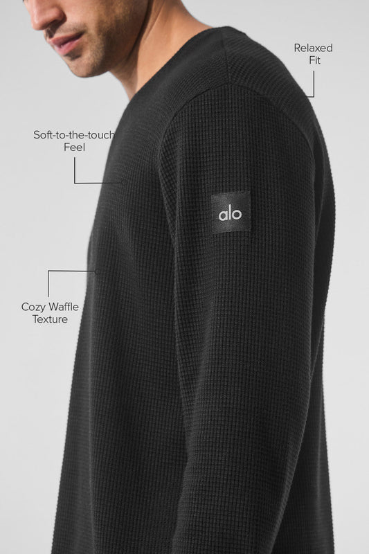 Elevate Waffle Long‑Sleeve Crew — Black