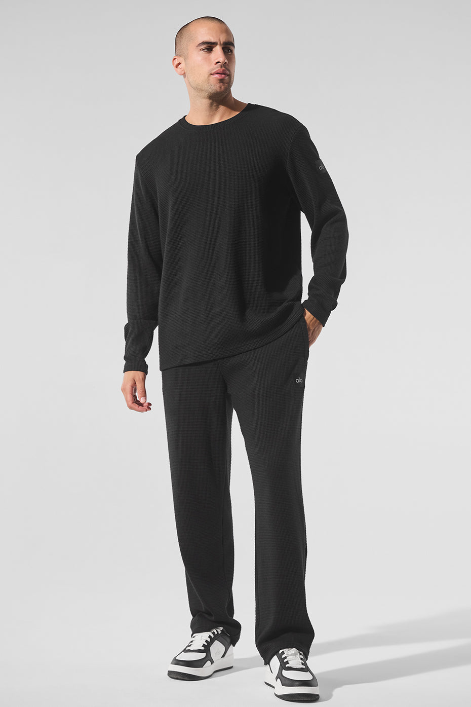 Elevate Waffle Long‑Sleeve Crew — Black