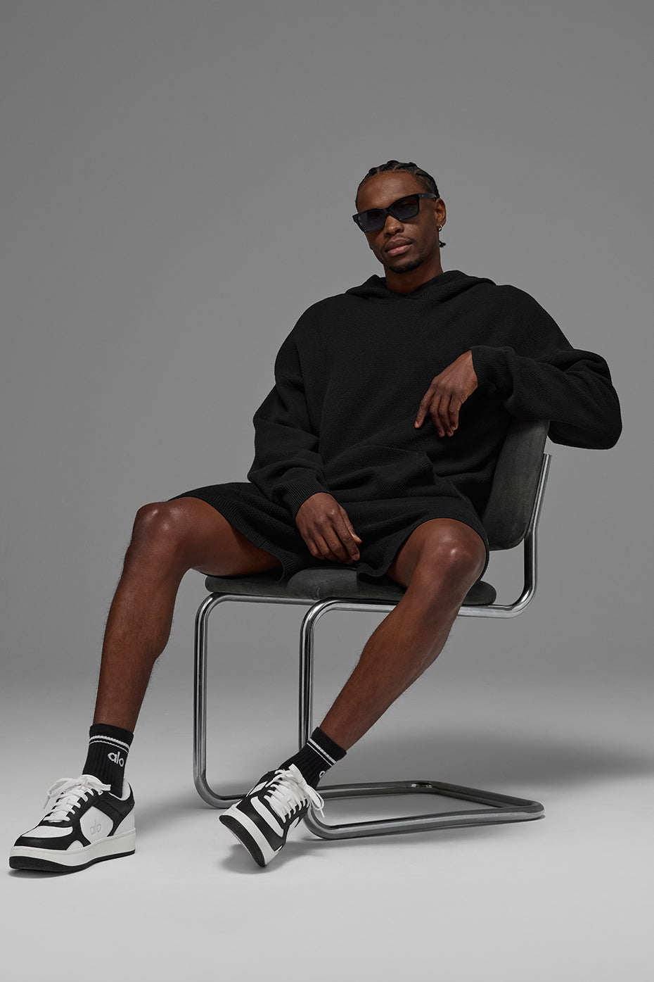 Sports Club Sweater Knit Hooded Sweatshirt — Black