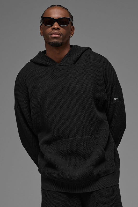 Sports Club Sweater Knit Hooded Sweatshirt — Black