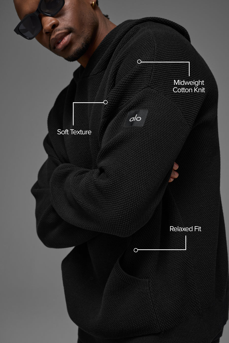 Sports Club Sweater Knit Hooded Sweatshirt — Black