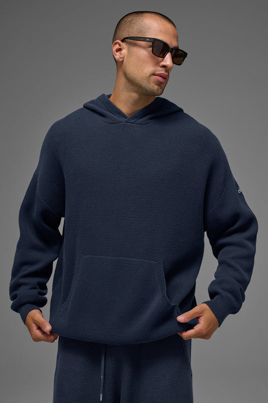 Sports Club Sweater Knit Hooded Sweatshirt — Navy