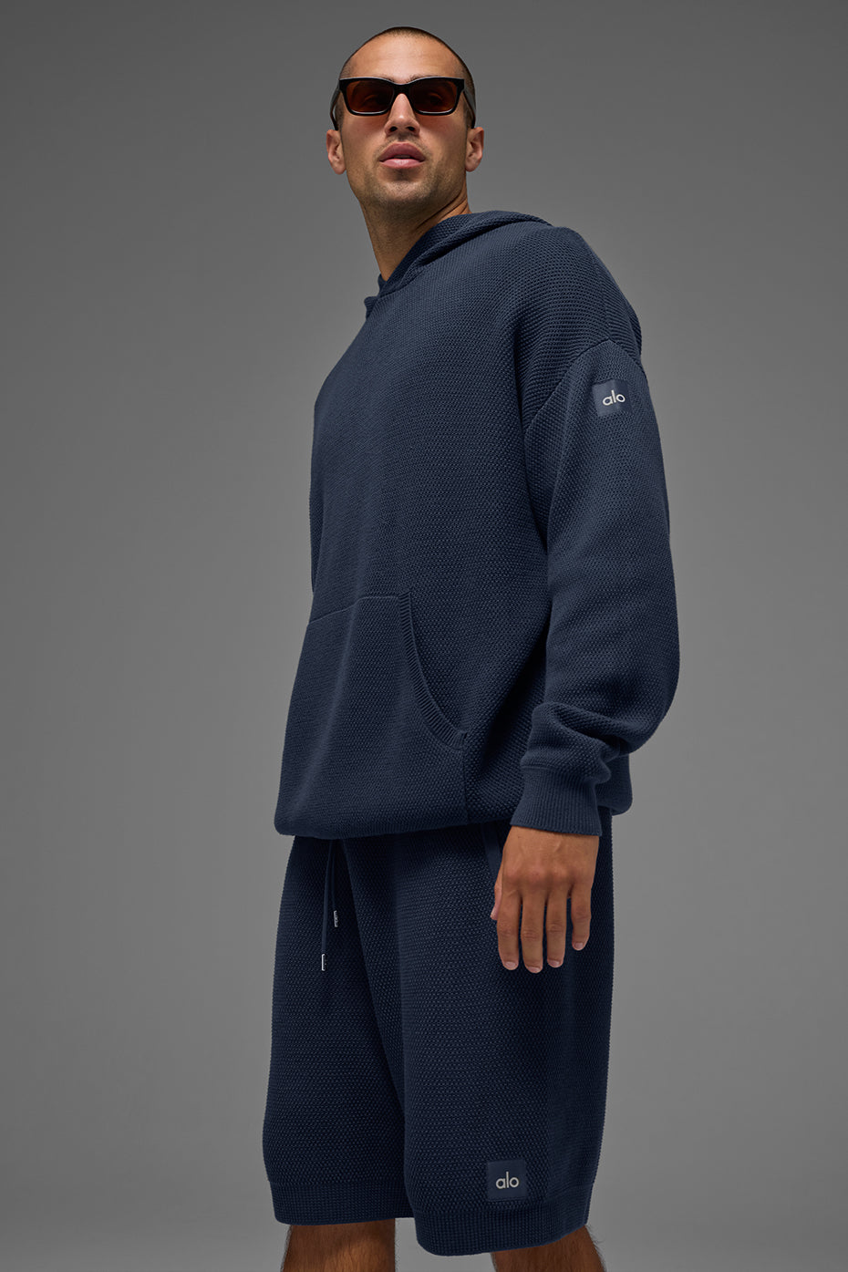 Sports Club Sweater Knit Hooded Sweatshirt — Navy