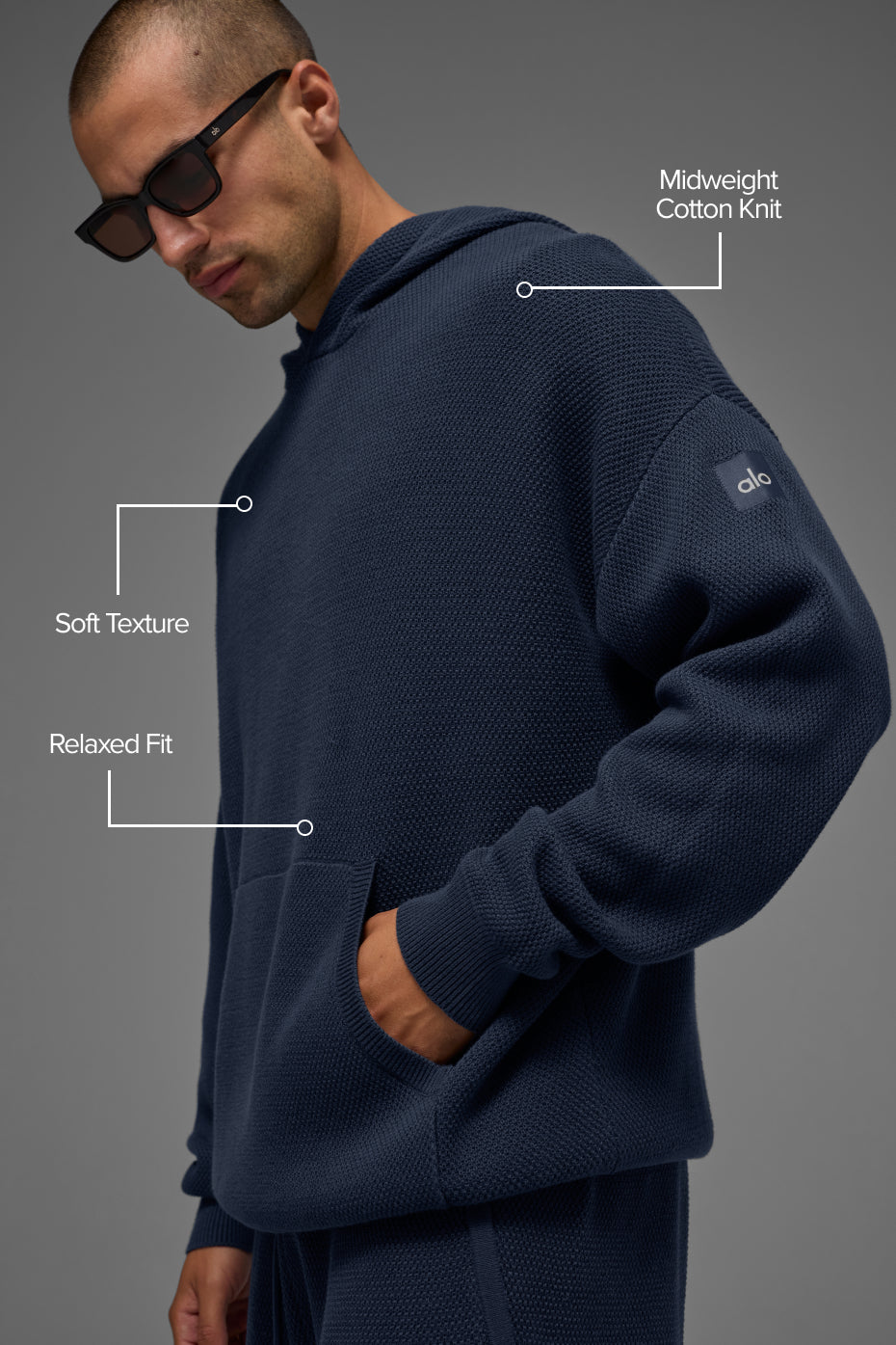 Sports Club Sweater Knit Hooded Sweatshirt — Navy