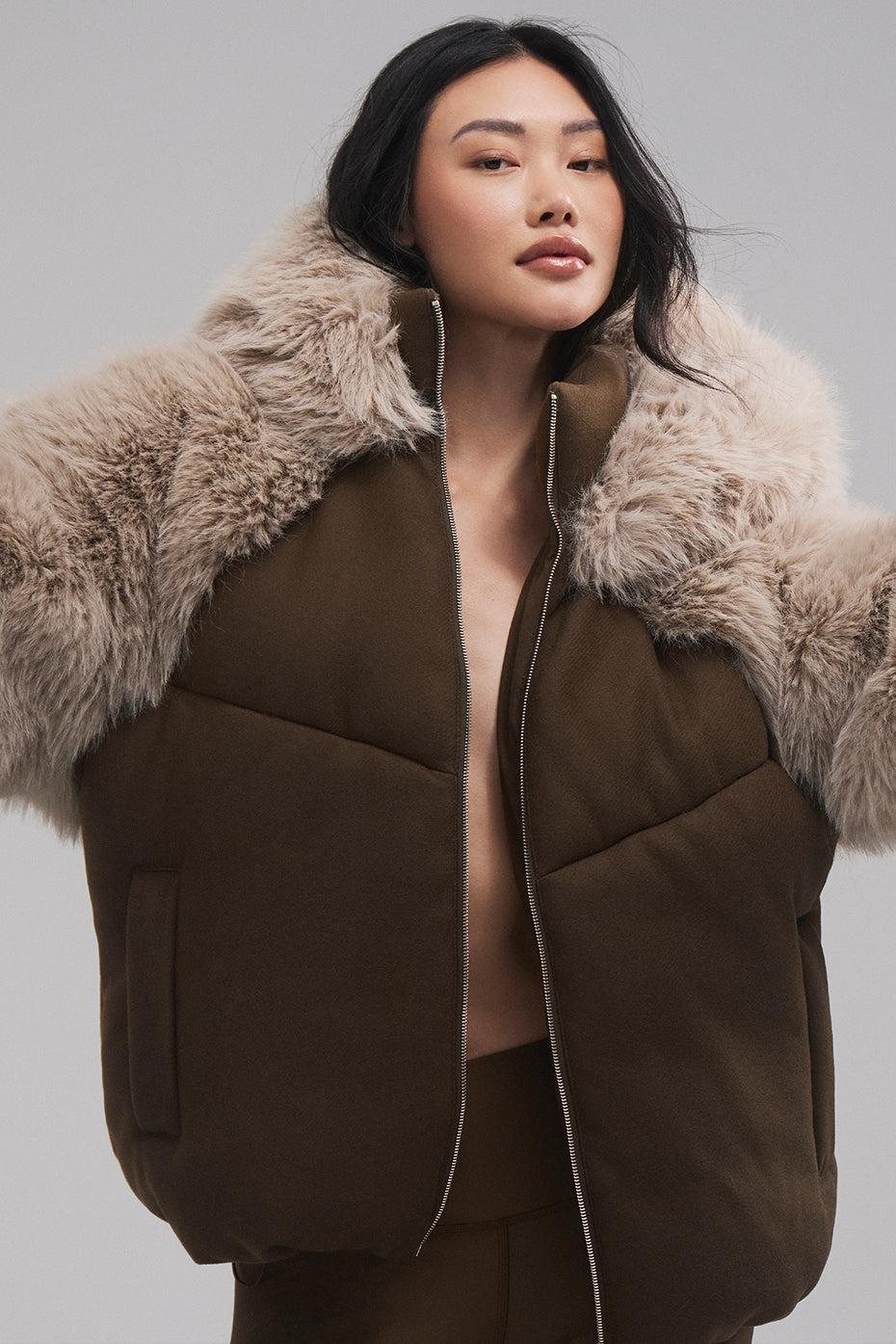La Premiere Opulent Faux Fur Stunner Zip Jacket — Espresso/Oat