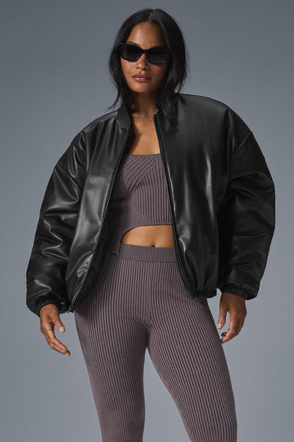 Faux Leather Premier Bomber — Black