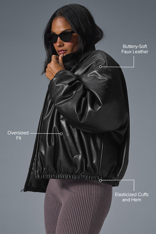 Faux Leather Premier Bomber — Black