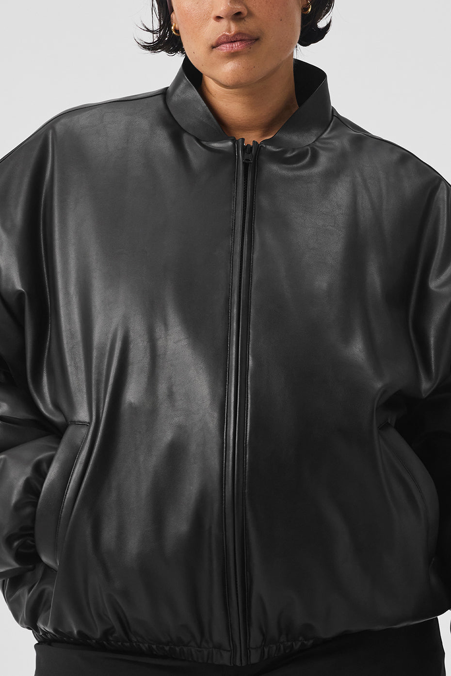 Faux Leather Premier Bomber — Black